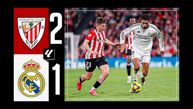 Cầu thủ của Athletic Bilbao đang nỗ lực chống lại áp lực từ cầu thủ của Real Madrid.